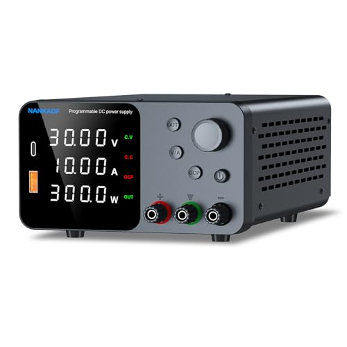 Fuente de alimentación CC, fuente de alimentación de banco de 30 V 10 A con ajuste de codificador, 5 V/3.6 A USB y tipo C de carga rápida, fuente de alimentación ajustable con botón de
