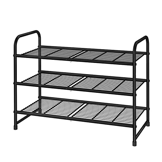 Simple Trending 3-Tier Stackable Shoe Rack, Expandable & Adjustable Shoe Shelf Storage Organizer, Wire Grid, Black