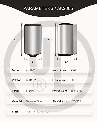 Aike Air Focus Compact Hand Dryer Ul Listed 120V 1350W Brush Stainless Steel Finish #TOP6
