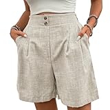 Leinen-Bermuda-Shorts für Damen, weite Plissee-Hose, Knopf, elastisch, hohe Taille, kurze...
