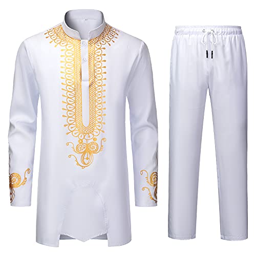 YND Men’s 2 Piece African Dashiki Shirt and Pants Set, Outfit with Gold Print