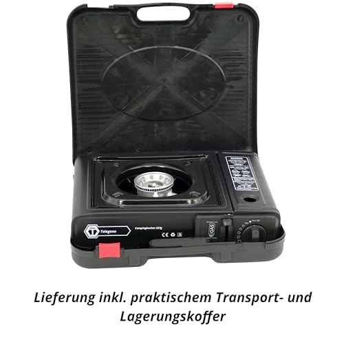 Foto von TOLEGANO Gaskocher inkl. 8 Camplora Gaskartuschen und Piezozündung - robuster Campingkocher 1-flammig stufenlos regelbar