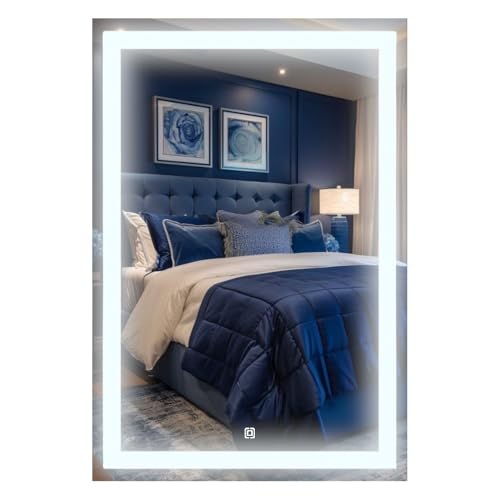 Espelho Retangular Com 3 Tons de LED - Grande de parede moderno jateado lapidado decorativo com iluminação e Botão Sensor touch screen (3 cores de Luz - LED QUENTE, NEUTRO E FRIO) (70x90cm)
