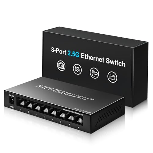 8 Port 2.5Gb Unmanaged Ethernet Switch with 8* 2.5Gbps Base-T Ports. NICGIGA 8 Port 2.5G Network Switch for 2.5Gbps NAS/PC, WiFi6 Router, Wireless AP. Fanless Design.