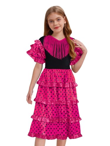 inlzdz Disfraz De Bailarina De Flamenco Española para Niña Disfraces De Baile Nacional Folclórico Vestido De Sevillana Bailarlina Disfraz De Fiesta Rosa Caliente A B 7-8 años