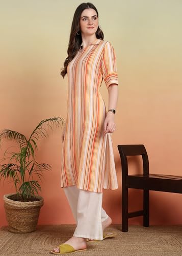 Image of Akiko Women's Cotton Crape Calf Length Strip Print Half Lenght Sleeve V-Neck Straight Kurta(Orange)