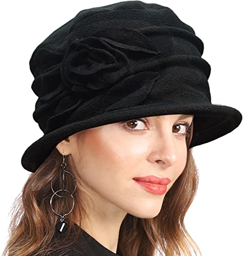 Womens-Winter-Hat 1920S Fleece Cloche-Bucket-Winter-Hats-For-Women Packable Women's Church-Hat Flower Accent Black #TOP13