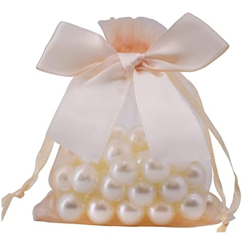 Organza Wedding Reception Favor Bags with Bow & Pearl Embellishments/Party Bags Wedding Reception Gift Bags 7 x 9 cm/Pack of 20 (Champagne) Cover