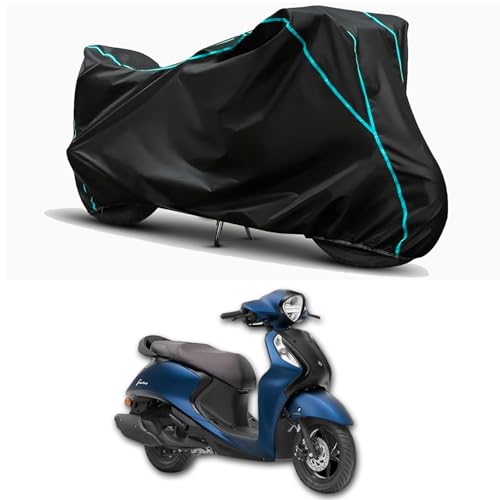 Image of Waterproof Bike Body Cover Compatible for | Yamaha Fascino 125 Drum | Taffeta Fabric, Sky Piping Design, Bottom Elastic Fit | Dustproof, Sun UV & Rain Protection for All Weather.