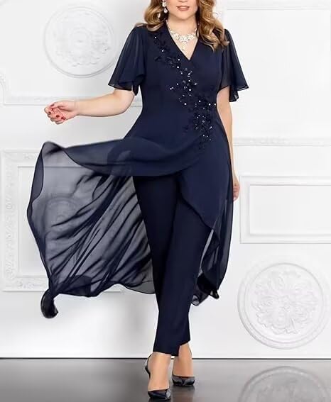Chiffon 2 Pieces Mother of The Bride Pant Suits for Wedding Chiffon High Low Pant Suits for Women Dressy Party4