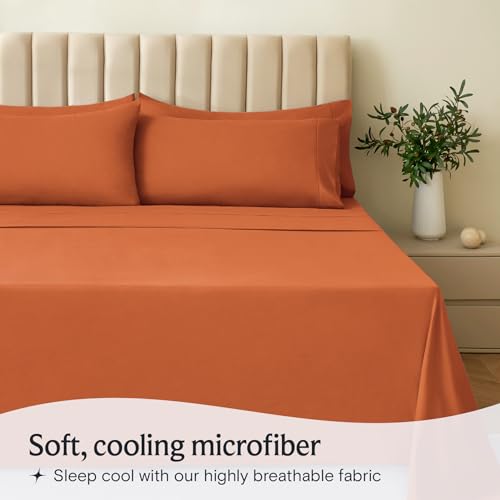 Image of LuxClub 4 PC Queen Sheet Set, Queen Size, Deep Pockets 18 inch Wrinkle Free Cooling Sheets Machine Washable Hotel Bedding Silky Soft - Autumn Orange Queen