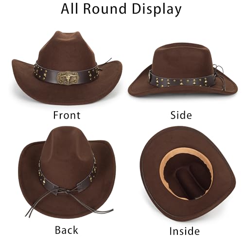 Image of Wide Brim Men and Women's Western Cowboy Hat Fedora-Jazz-Hat with Bull Head Band Decoration