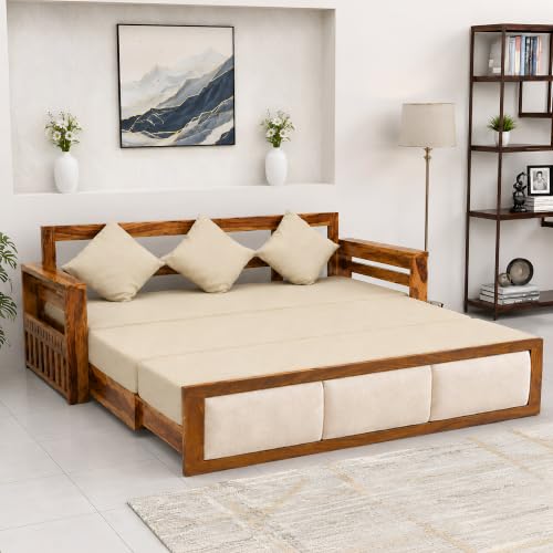 Image of SONA ART & CRAFTS Zeus Sheesham Wood 3 Seater Sofa Cum Bed | Wooden 3 Seater Sofa for Living Room Wooden Furniture Sofa Bed for Home (Natural Finish)