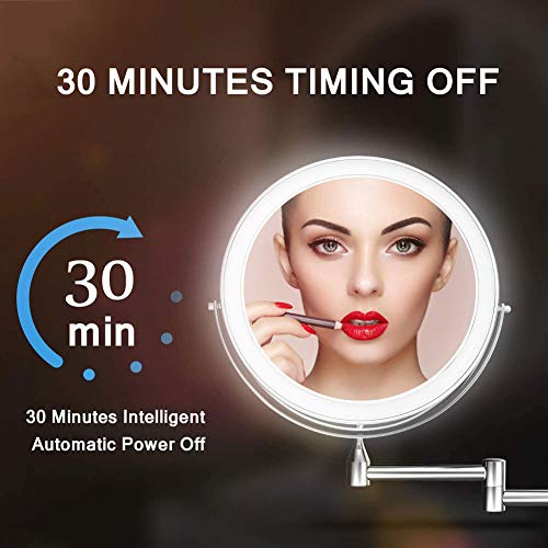 8'' Bathroom Mirrors Wall Mounted Makeup Mirror, Upgrade Auto Off LED Shaving Mirror 1X/10X Magnifying Double Sided 360° Swivel Extendable, Powered by 4 x AAA Batteries (chrome)