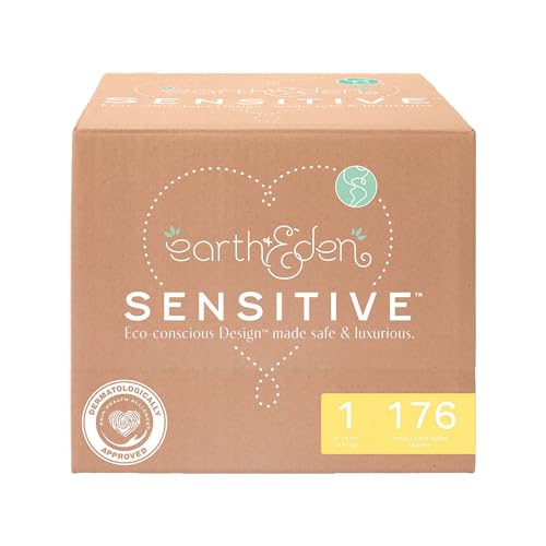 Image of Earth & Eden Sensitive Baby Diapers, Size 1 (176 Count) - Eco-Conscious & Hypoallergenic Diapers - No Harsh Chemicals - Comfortable and Gentle on Skin - Dermatologically Approved