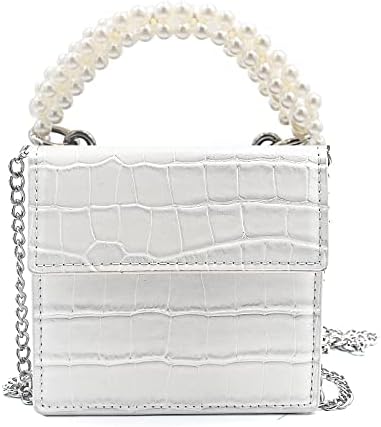 SJMUITSI Crossbody Bags for Women, Leather Wallet for Women with Pearl Chain, Small Purses Square Sling Bag for Girl, Women's Crossbody Handbags with Chain Strap - White