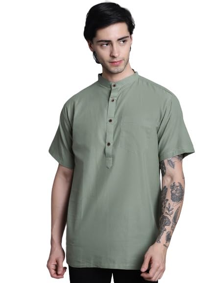 Solid Cotton Men's Short Kurta_Olive-picture-15