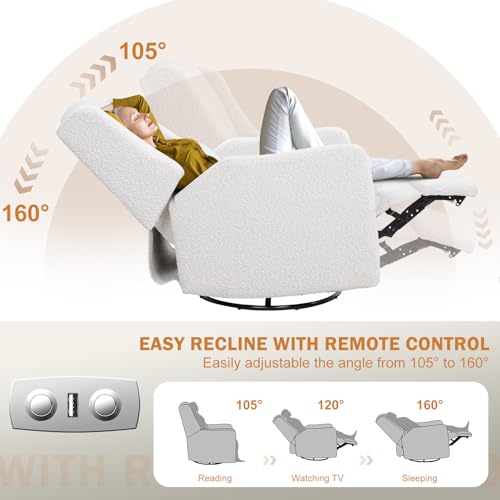 SENYUN Power Recliner Chair Swivel Glider, Large Rocker Recliner w/USB Charging Port, Boucle Upholstered Swivel Rocker Glider Recliner for Nursery,Bedroom,Living Room, 1PC, Cream - Thumbnail 4