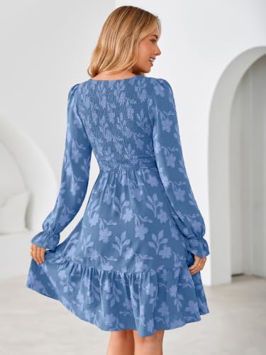 Simplee Womens Fall Long Sleeve Mini Dress Casual Babydoll Dresses Blue — view 3