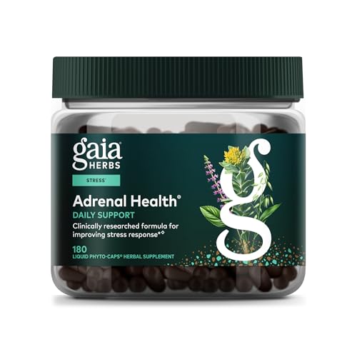Gaia Herbs Adrenal Health Daily Support - Herbal Supplement with Ashwagandha, Holy Basil & Schisandra - Help Maintain Healthy Energy & Stress Levels* - 180 Vegan Liquid Phyto-Caps (90 Servings)