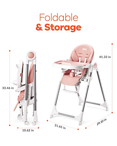 Heao Multi-Use High Chair For Babies & Toddlers, Easy Folding & Adjustable Highchair With 7 Height And 5 Recline Positions, Compact And Portable 360 Rotating Booster Seat With Removable Tray, Pink #TOP6