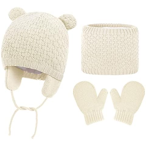 Baby Earflap Beanie Hat - Toddler Knitted Earflap Beanie Hat Set with Scarf and Gloves Baby Winter Hat Fleece Linnig Kids Crochet Warm with Cute Bear Ear for Boys Girls 0-2 years (White) Cover