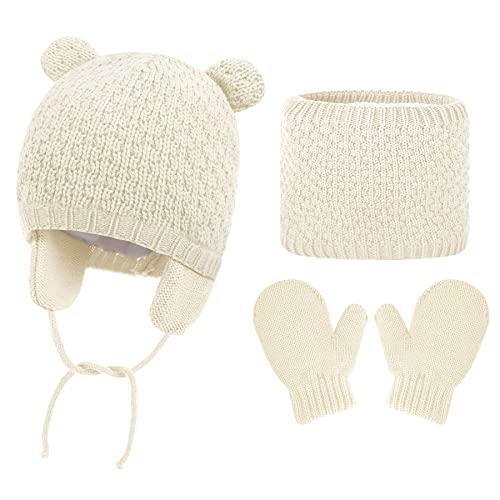 KQueenStar Kinder Wintermütze Schal Handschuhe Set 3 in 1, Beanie Hut Schal Handschuhe Set für Kinder Baby Strickmütze Fleecefutter Warme Knit Hut Loop Schal für Jungen Mädchen 0-2 Jahre (Weiß) Cover