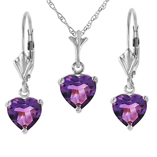 Galaxy Gold Gg 14K White Gold Jewelry Set - Necklace And Earrings W/Natural Heart-Shaped Purple Amethysts #TOP16