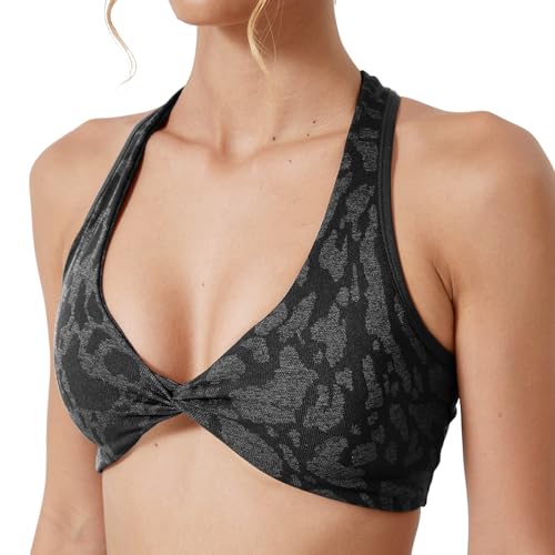 Women’s Seamless Racerback Sports Bra–Twist Front Workout Gym Crop Top, Stretchy Light Support Yoga Bra Black-M