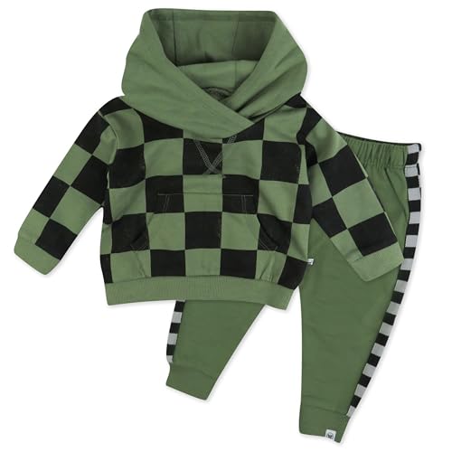 HonestBaby 2-Piece Fleece-Color Block Hoodie and Sweatpant Set 100% Organic Cotton for Infant Baby and Toddler, Boys, Sk8 Check Olive/Black, Newborn