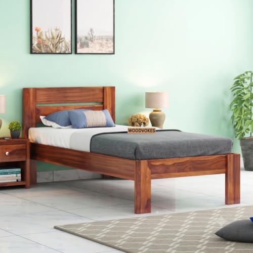 Image of Solid Sheesham Wood Single Bed with Headboard & Footboard | Sturdy Wooden Cot for Bedroom, Hostel & PG | Modern Design Single Wooden Bed Frame (Mattress Not Included) (Brown Finish)