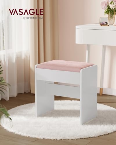 Image of VASAGLE KAILYN Collection - Velvet Vanity Stool, Upholstered Makeup Stool, Modern Footrest with Anti-Slip Pads, for Makeup Room, Bedroom, Entryway, Matte White and Jelly Pink URDS001W01S