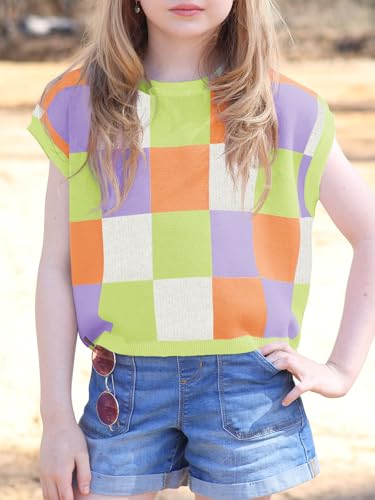 Image of Haloumoning Girls Summer Crop Tops Color Block Vest Cute Tanks Cap Sleeve Tee Loose Kids Knit Top 5-14 Years