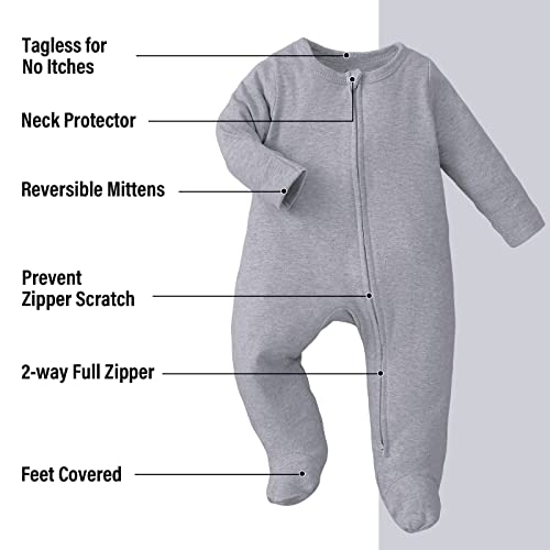 OPAWO Newborn Baby Footed Romper with Mitten Cuffs Blank Cotton Onesie Double Zipper Jumpsuit for Boys Girls 0-6 Months(Zipper/Black/White/Gray,0-3Months)