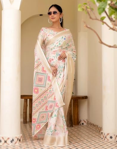 Image of SIRIL Women's Silk Printed Ready to Wear Saree With Unstitched Blouse Piece
