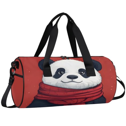 Fashionable Bear with Red Scarf Round Barrel Sports Fitness Bag, Travel Luggage Bag, Reusable Handbag, Suitable For Men and Women
