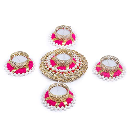 Tied Ribbons Decorative Floral Tealight Candle Holder Set For Home Decor(1 Big,4 Small) Votive Candle Holders Vintage Home Decor Centerpiece Tabletop Decorative Tea Light Candle Indian Handicrafts #TOP3