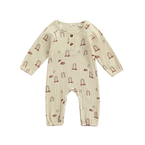 Image of Kupretty Newborn Infant Baby Boy Girl Cotton Linen Button Rainbow Sun Romper Bodysuit One Piece Jumpsuit Playsuits Outfits (Linen Romper Rainbow Cloud Beige, 3-6 Months)
