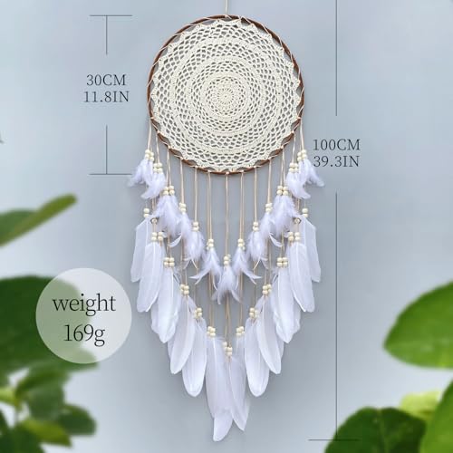 Malicosmile Large White Dream Catcher, Handmade Big Dream Catchers for Bedroom Wall Hanging Wedding Party Decor with a Greeting Card Gift (11.8 Inches in Diameter)