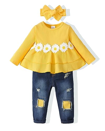 Image of XUANHAO Baby Girl Clothes 12 18 24 Months Outfits For Infant Toddler Denim Girls' Clothing Ruffle Top Ripped Jeans Pant Sets
