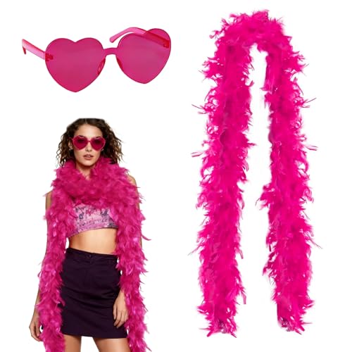 fshxj Flamingo KostüM Damen,Rosenrot Federboakunststoff Brille Set - 2 Meter 60g Feder Schal, Wiederverwendbar Party ZubehöR FüR Hochzeit Karneval...