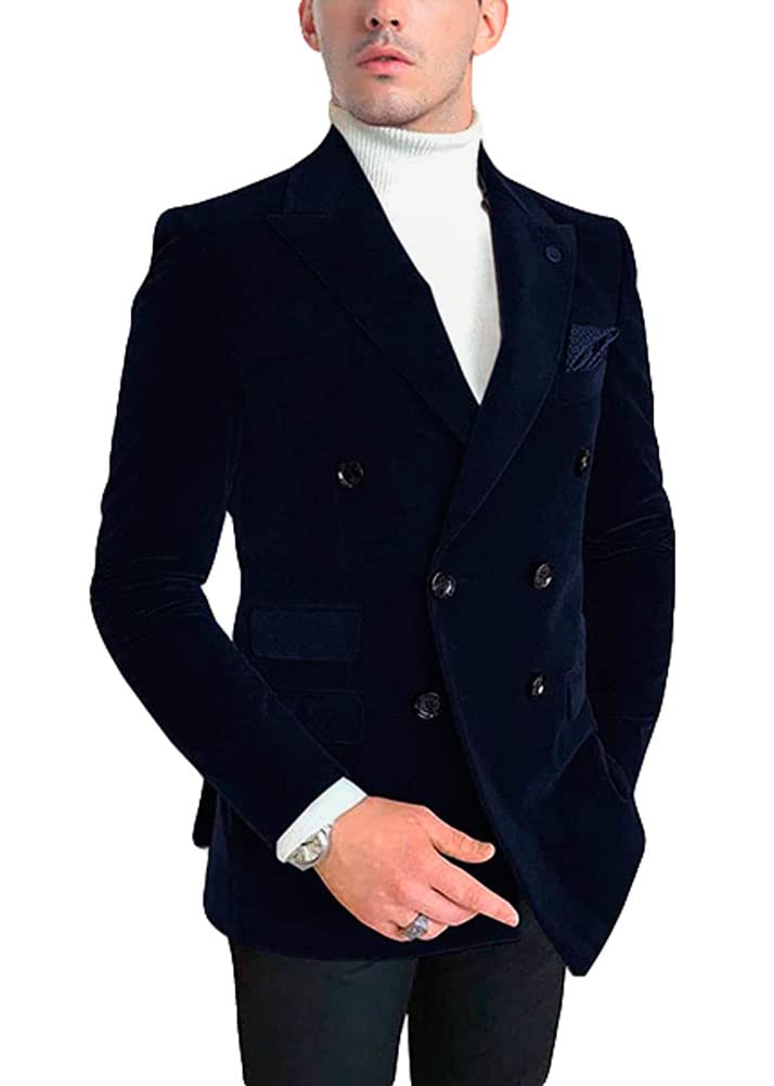Botong Men's Navy Double Breasted Velvet Blazer Notch Lapel Tuxedos Jacket Wedding Party Coat Casual Wear 38 Chest / 32 Waist