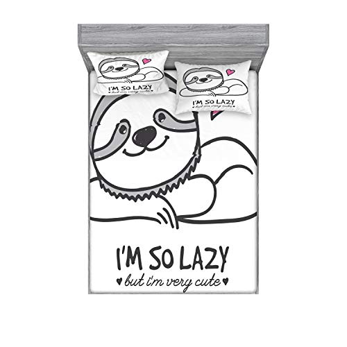Flash Sale Ambesonne Sloth Fitted Sheet & Pillow Sham Set, Im So Lazy but Very Hand Drawn Animal Heart Shape Funny Doodle Artwork, Decorative Printed 3 Piece Bedding Decor Set, Queen, Grey Pink
