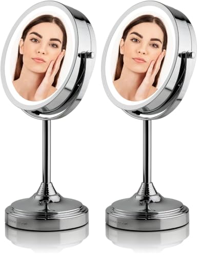 Image of OVENTE 7'' Lighted Tabletop Makeup Mirror, 1X & 7X Magnifier, Spinning Double Sided Round LED, Great for Vanity, Bath, & Bedroom, Battery Powered, Polished Chrome MCT70CH1X7X (Pack of 2)
