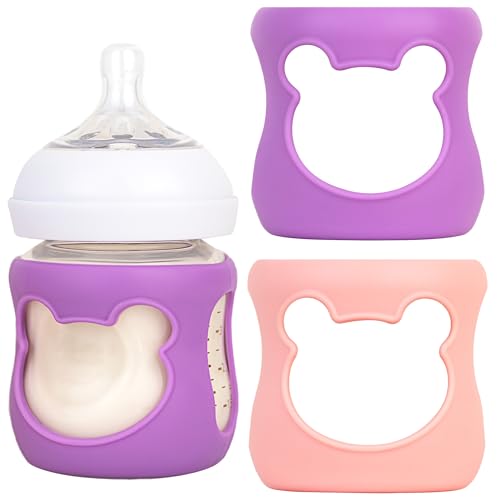 Image of 100% Silicone Baby Bottle Sleeves for Philips Avent Natural Glass Baby Bottles, Premium Food Grade Silicone Bottle Cover, Cute Bear Design, 4oz, Pack of 2 (Pink/Purple)