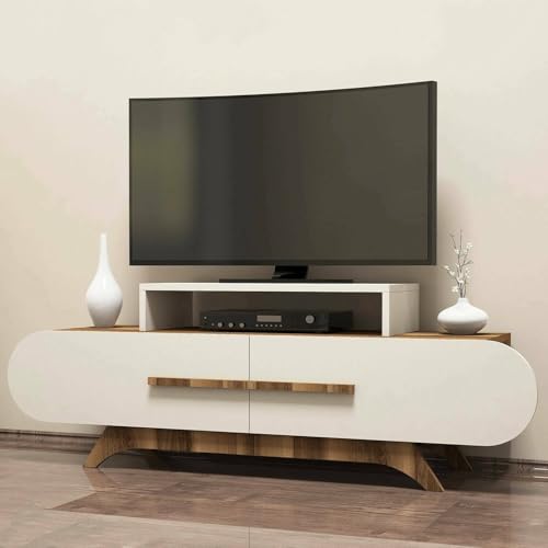 Dmora Mobile Porta TV Praesepem, Credenza da Soggiorno, Armadio Basso per TV, Base Parete attrezzata, 145x37 h50 cm, Noce e Crema