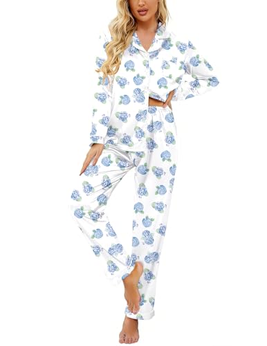 Image of Ekouaer Women's Classic Button Down Long Satin Silk Pajama Set