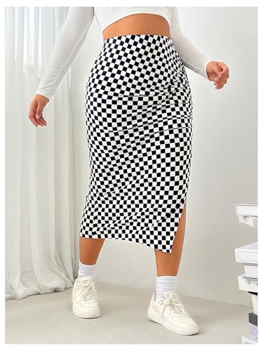 WDIRARA Women's Plus Size Checkered Split Thigh Midi Skirt Ruched High Waisted Bodycon Skirts4
