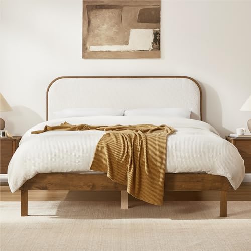 Wood Bed Frame with Upholstered Headboard, Mid-Century Boucle Fab...