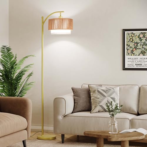 SUNMORY Floor Lamps for Living Room with 12W LED Bulb, Arc Floor Lamp with 3 Color Temperatures, Farmhouse Floor Lamps with Adjustable Rattan & Fabric Shades, Boho Standing Lamp for Bedroom, Corner